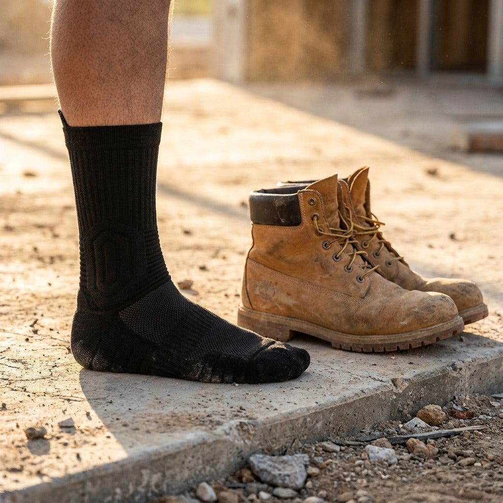 Chaussette TerraGuard sur une dalle en béton à côté de chaussures de travail usées
