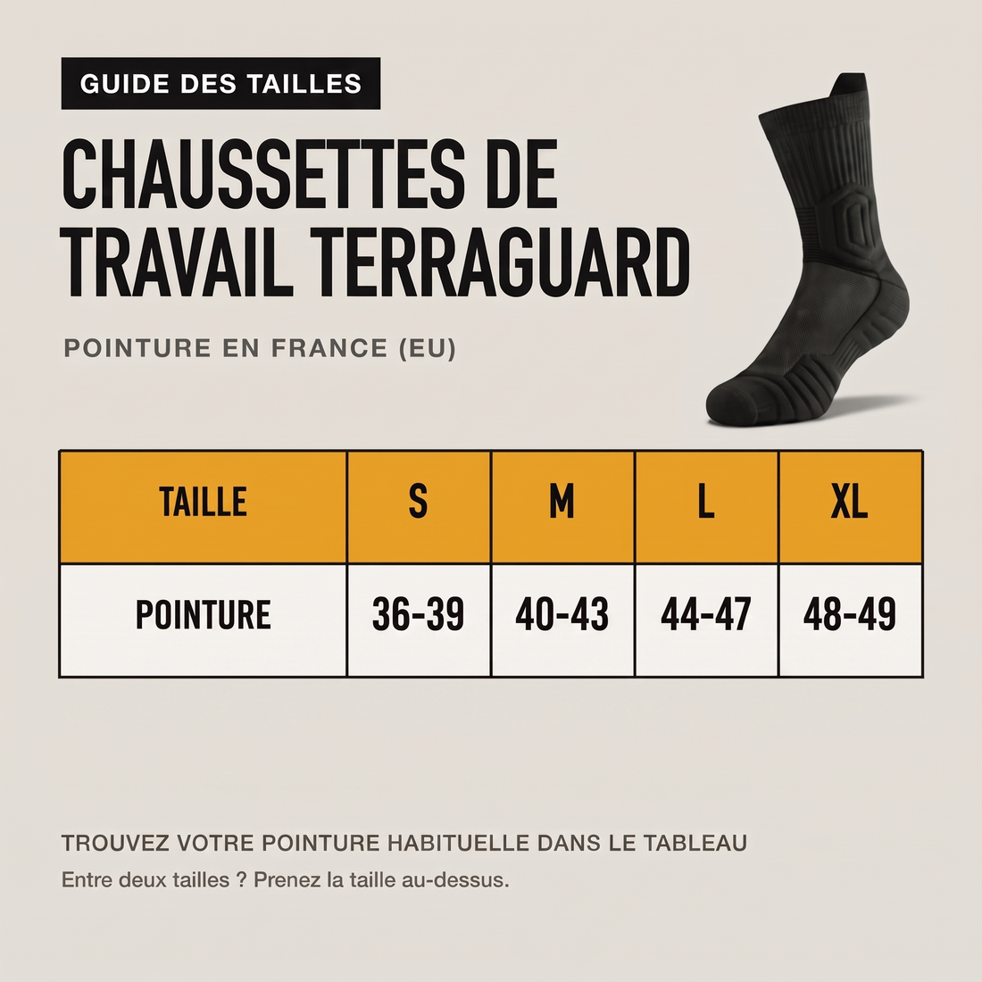 Guide des tailles des chaussettes de travail TerraGuard